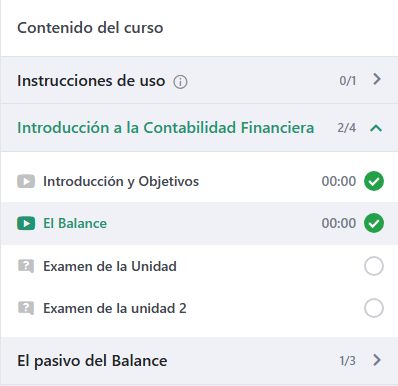 Ejemplo del índice lateral con el contenido del curso