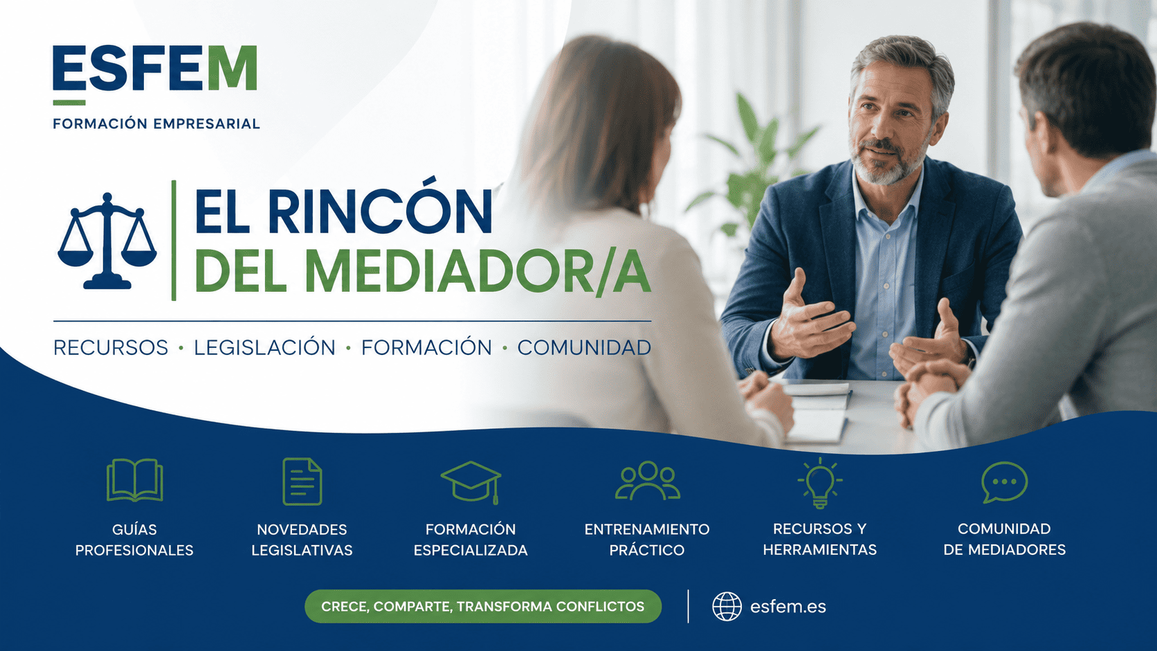 Mediador profesional consultando recursos de formación y actualización en ESFEM