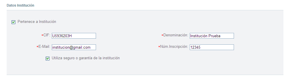 Datos de institución en el Registro de Mediadores