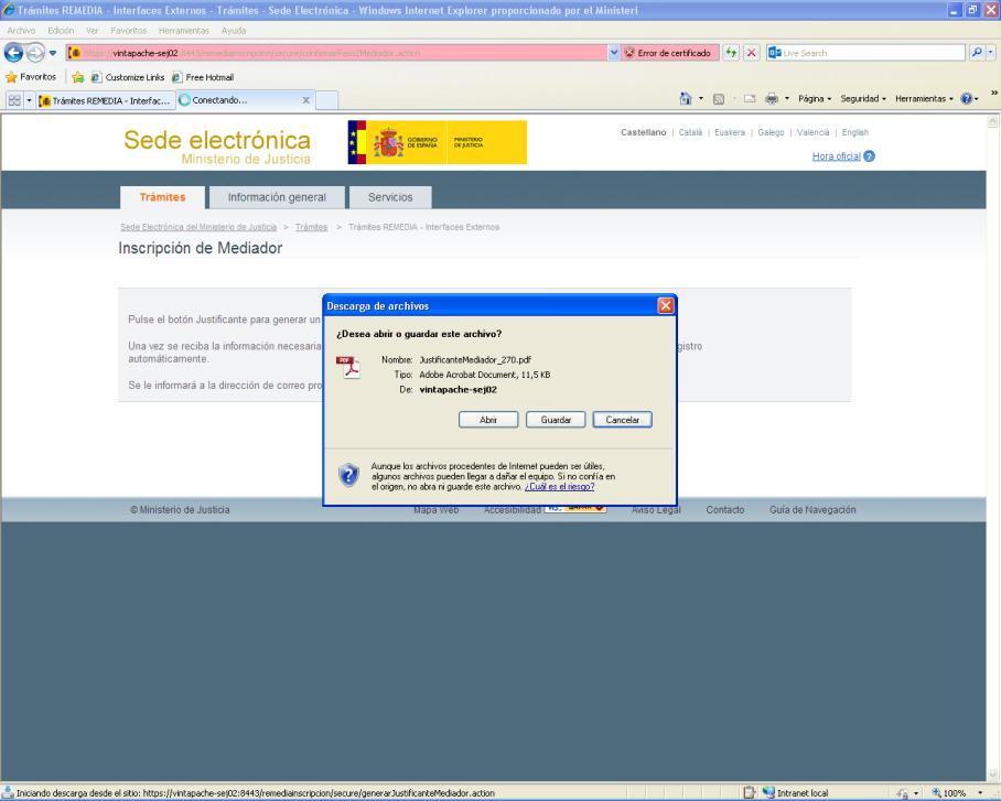 Guardar justificante de solicitud del Registro de Mediadores
